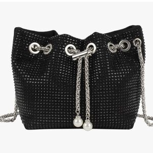 Black Crossbody Bag with Drawstring Closure and Metallic Embellishments
